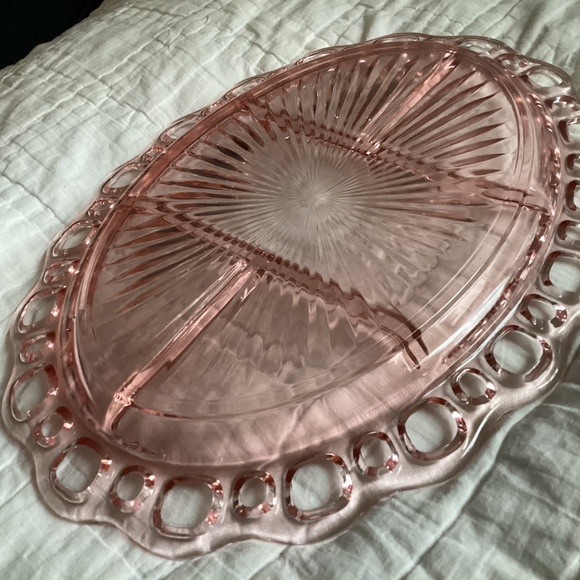 PINK DEPRESSION GLASS FIVE COMPARTMENT OPEN LACE EDGE, RETICULATED OVAL DISH - Picture 6 of 8